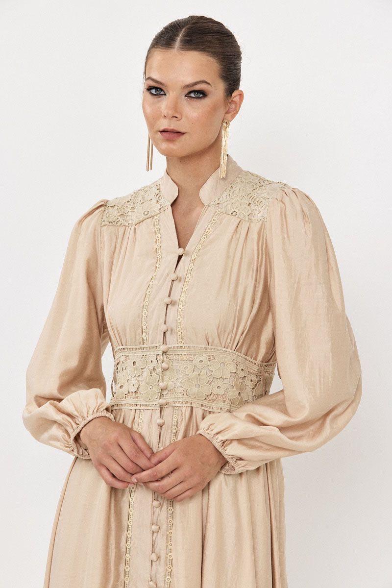 שמלת ערב מקסי שילוב חגורה מותן תחרה