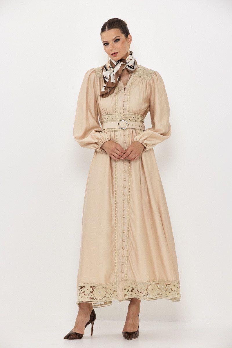 שמלת ערב מקסי שילוב חגורה מותן תחרה